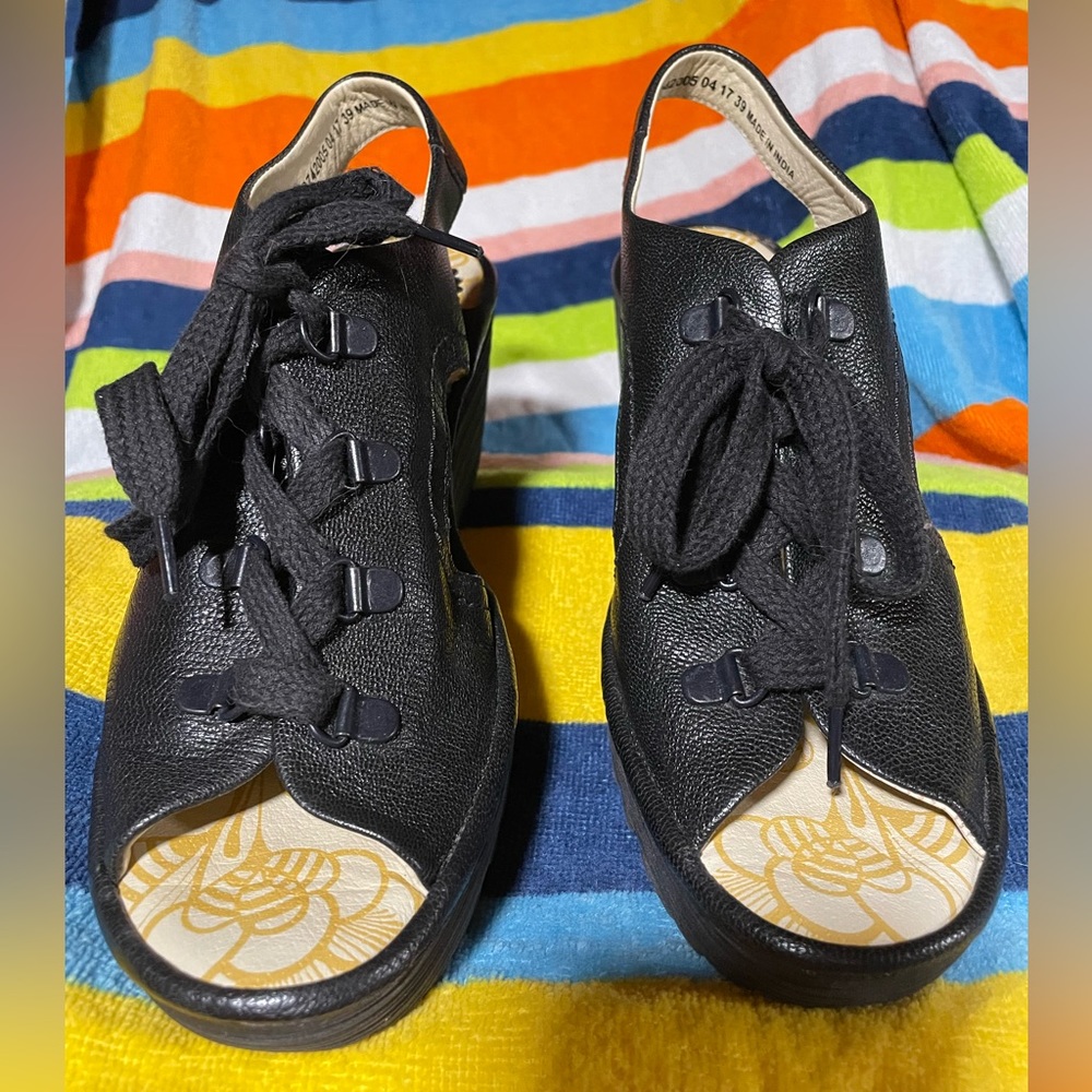 YLFA Fly London lace up black wedges